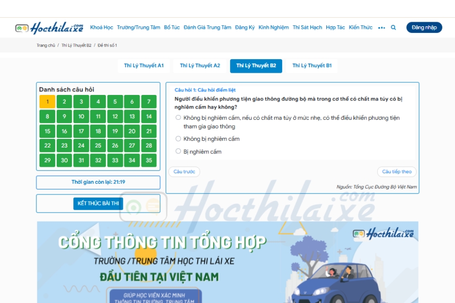 chọn “mã đề thi” và thực hiện thi thử bằng lái xe B online trên website Hocthilaixe.com