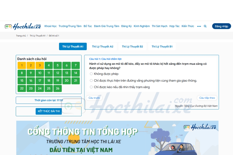 Đề thi thử bằng lái xe A1 online - Chuẩn đề thi thật