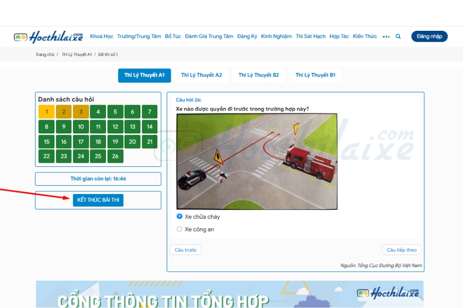 Trả lời xong hết 25 câu, bạn ấn “kết thúc bài thi” để hoàn thành bài thi