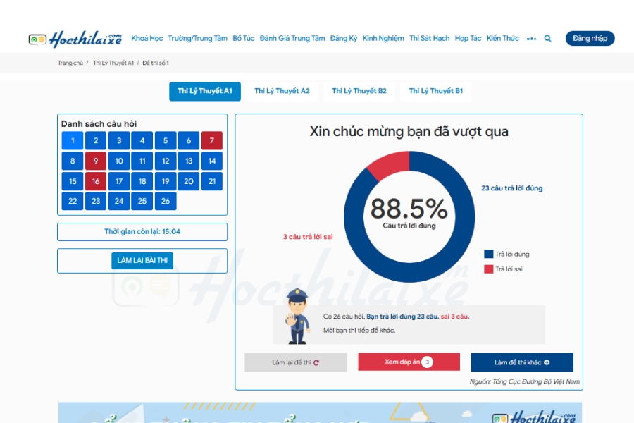 bạn có thể ấn vào “xem đáp án” để ôn tập lại - hocthilaixe.com